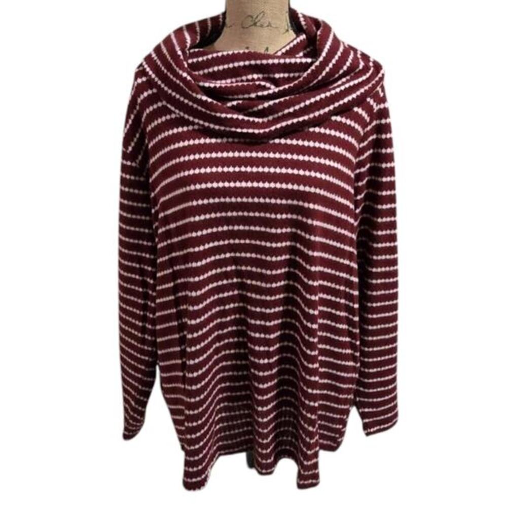 Fred David Super Soft Comfy Striped Burgundy and White‎ Cowl Neck Shirt Plus 3X